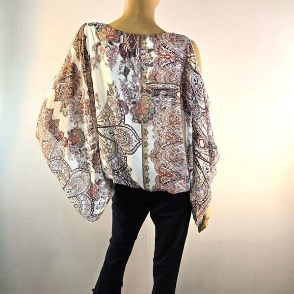 Karen Kane Floral Paisley Scarf Top Cold Shoulder Sz L Pullover Blouse USA Made - Picture 6 of 10